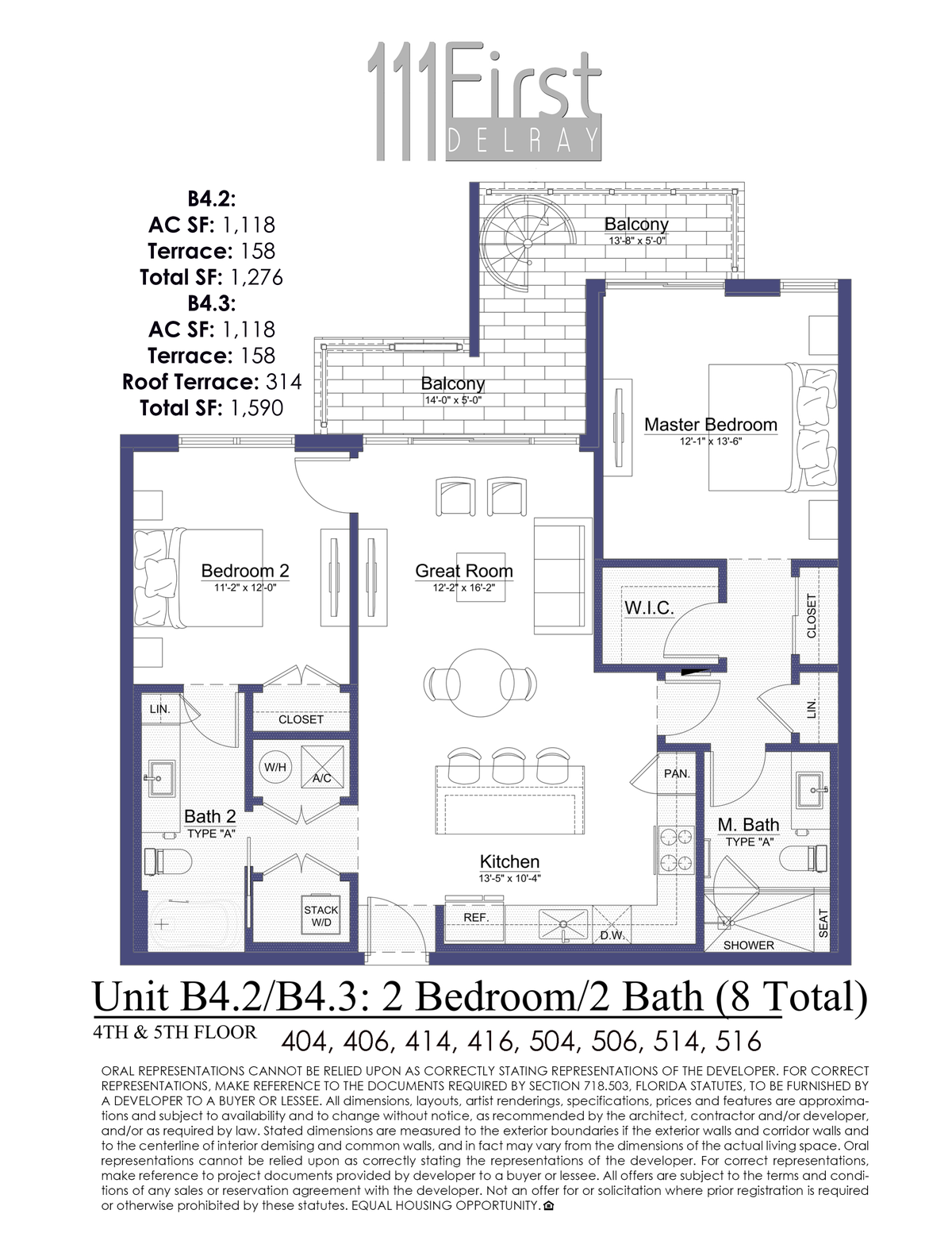 111 First Delray Unit B4.2 B4.3 Two Bedroom Two Bath Floor Plan